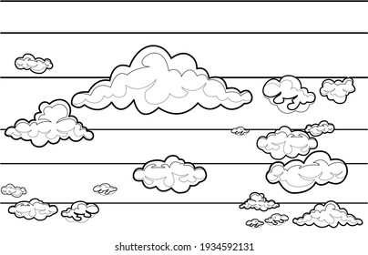 Line Art, Drawing Of Clouds On Sky Atmosphere Vector.background Illustration.