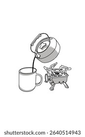 Line art drawing Coffee in a cup with kettle and portable stove while camping