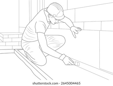 Desenho de arte de linha de um trabalhador da construção, ajoelhado e trabalhando, perfeito para temas de trabalho, indústria e construção.