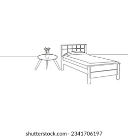 Line art drawing Continuous single of bed, plaid and flower in vase on table. One line drawing. Interior of bedroom with furniture: bed and plant for hotel, apartment, flat.  doodle vector