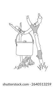 Line art drawing Cooking pot over outdoor fire while camping