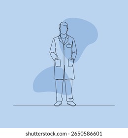 Line art drawing of a doctor with hands in pockets wearing a white coat on a pastel blue backdrop, creating a calm and modern aesthetic for healthcare content.