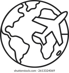 A line art drawing of an earth globe, with an airplane encircling it, rendered in a minimalist style with a transparent background.