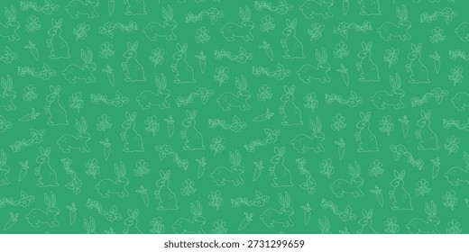 Dibujo de arte lineal. Conejito de Pascua. Patrón sin fisuras. Flores, liebre, zanahoria. Boceto de animales. Linda silueta de conejito con orejas en un estilo simple y minimalista. Diseño de fondo de primavera.