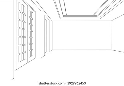 Line Art Drawing Of Empty White Room With Door And Wall.  Luxurious Interior. Vector Illustration.