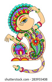 line art drawing of ethnic monkey in decorative ukrainian style, colored vector illustration
