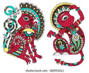 line art drawing of ethnic monkey in decorative ukrainian style, colored vector illustration