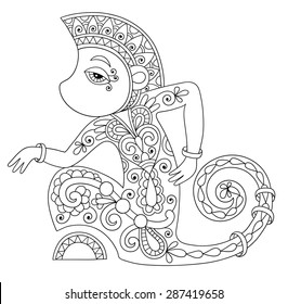 line art drawing of ethnic monkey in decorative ukrainian style, black and white vector illustration