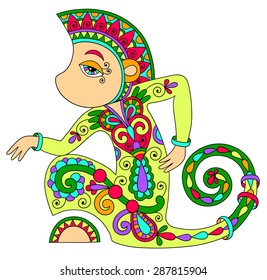 line art drawing of ethnic monkey in decorative ukrainian style, colored vector illustration