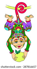 line art drawing of ethnic monkey in decorative ukrainian style, colored vector illustration