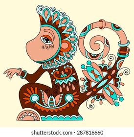line art drawing of ethnic monkey in decorative ukrainian style, colored vector illustratio