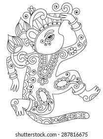 line art drawing of ethnic monkey in decorative ukrainian style, black and white vector illustration