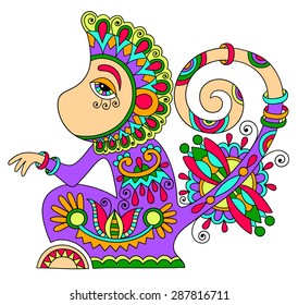 line art drawing of ethnic monkey in decorative ukrainian style, colored vector illustration