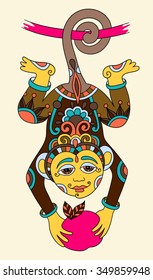 line art drawing of ethnic monkey in decorative ukrainian style, colored vector  illustration