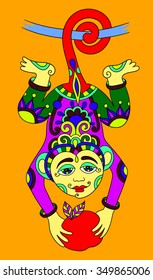 line art drawing of ethnic monkey in decorative ukrainian style, orange colored vector illustration