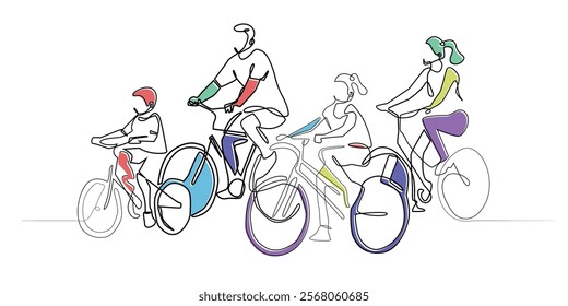 line art drawing of family cycling together.line art of father,mother,daughter and son exercising outdoors.one abstract single vector line drawing