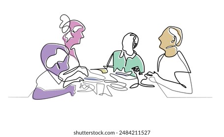 line art drawing of a family eating together.abstract line vector illustration of eating together