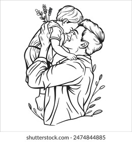 line art drawing of a father and child embracing, with the father lifting the child in a joyful	