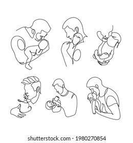 Line art drawing of a father and children. dad and baby vector.  lovely family concept Father's Day card happiness moment.