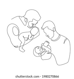 Line art drawing of a father and children. dad and baby vector.  lovely family concept Father's Day card happiness moment.