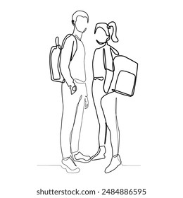 line art drawing of female and male students standing with backpacks preparing to study.abstract line drawing of university students