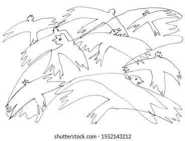 Line Art Drawing Flying Birds Group. Ready-to-color decorative work can be used as greeting card, background, decorative fabric pattern, wallpaper, fractal used in Art therapy for coloring.