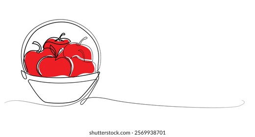 line art drawing of fruit several apples in a basket.line art vector illustration