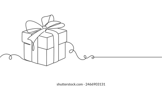 Linien-Kunst-Zeichnung der Geschenkbox. Eingepacktes Überraschungspaket für Weihnachten oder Geburtstagsfeier. Party und Feier. Geschenkbox Linie Art Umriss Vektorillustration