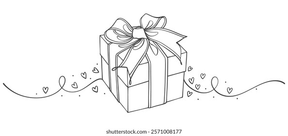 line art drawing of gift box Presents with ribbon bow Hand drawn greeting present box.