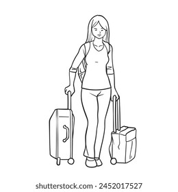  Line art  drawing. Girl with a suitcase. Vector illustration.
