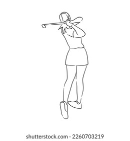 Line art drawing of golfer, Women playing golf illustration