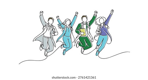 Line art drawing of a group of doctors jumping together with joyful and energetic expressions. One continuous line drawing for healthcare concept, teamwork spirit, and positive medical environment theme.