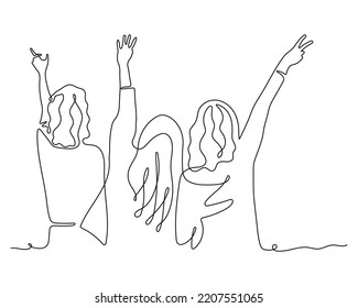 Grupo de dibujo de líneas de niñas. Las manos arriba. Grupo de personas de aplausos, ilustración continua de un vector de línea. Gente parada en concierto, reunión. Concepto de audiencia feliz. 