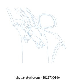 Line art drawing of Hand holding a Cigarette outside a car. Business man smoking cigarette during traffic jam on street