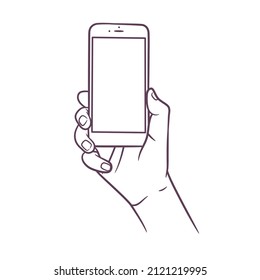 Line art drawing of hand holding smart phone. Outline drawing hand holding smart mobile phone