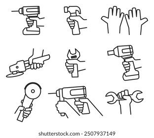 line art drawing of hand, holding power tool, icon set