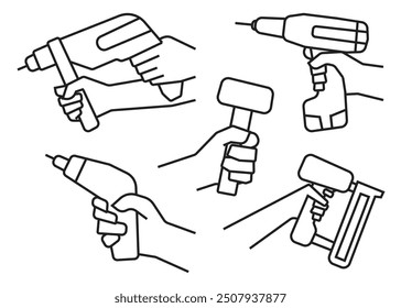 line art drawing of a hand, holding a power tool