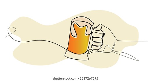 line art drawing of a hand holding a glass of beer.line art of a hand and a foamy beer.vector illustration.isolated white background