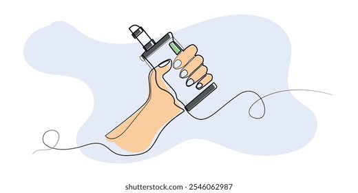 Dibujo de arte de línea de mano que sostiene el cigarrillo electrónico. Vector de arte de línea de cigarrillo electrónico con líquido de vapeo. Ilustración vectorial de arte de línea abstracta