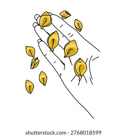Line art drawing a hand make and holding a bunch of yellow tortellini pasta. Carbonara food ingredient