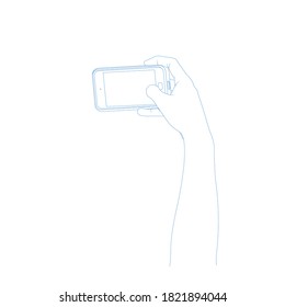 Dibujo de arte en línea de manos con un smartphone tomando una fotografía. Tema de fotografía por smartphone