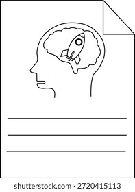 Dibujo de arte lineal de un cohete cerebral de cabeza y detalles de papel revestidos diseño monocromático mínimo