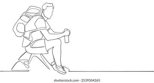 Line art drawing of hiker with backpack in mountains, line art vector illustration. sketch of a person with a bag	