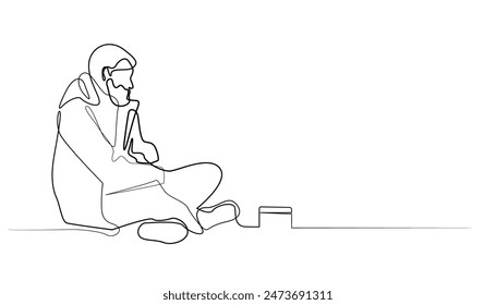 line art drawing of homeless man.line drawing of beggar man.single line vector illustration