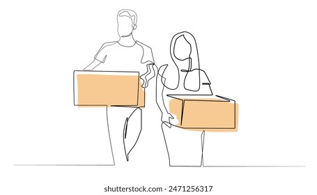 line art drawing of husband and wife lifting cardboard boxes. one line drawing of husband and wife moving to a new house, apartment, new residence. buying house furniture. line vector illustration