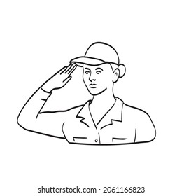 Line Art Drawing Illustration Of An American Female Soldier Or Military Personnel Saluting Viewed From Front Done In Monoline Style Black And White.