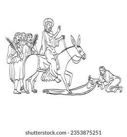 Line art drawing illustration of Jesus on Palm Sunday riding donkey being greeted by believers done in medieval style on isolated background in black and white.