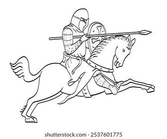 Line art drawing illustration of a knight or nobleman on horseback on horseback riding horse steed with lance side view done in medieval style on isolated background in black and white.