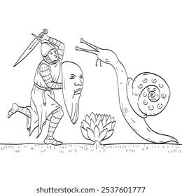 Line art drawing illustration of a knight or nobleman soldier fighting a giant snail with sword done in medieval style on isolated background in black and white.