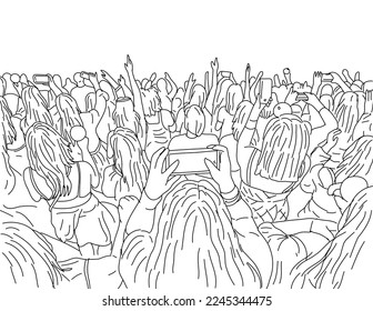 Line art drawing illustration of a large crowd of young people with cellphone or mobile phone at a live concert music event party festival on isolated white background done monoline style.